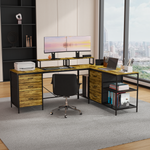 Escritorio Gaming L en Madera Rústica con Hub de Poder y 6 Gavetas