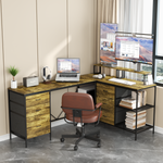 Escritorio Gaming L en Madera Rústica con Hub de Poder y 6 Gavetas